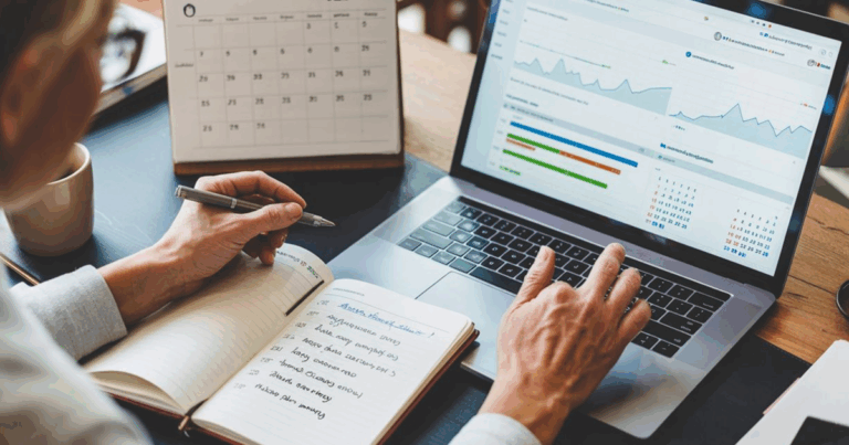 Small business owner reviewing website analytics